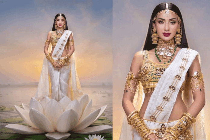 জামদানি শাড়ি-শাপলা ফুলের ন্যাশনাল কস্টিউমে মিথিলা